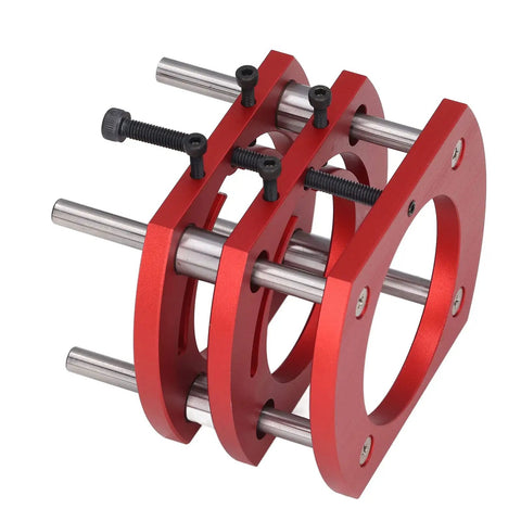 Heavy Duty Router Lift Kit With Precision Table Insert Plate and Locking Clamp Base Smooth Operator Dial Up for Woodworking. Red aluminum structure with screws.