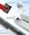 Kickass Four Pair Set Of Twelve Inch Undermount Drawer Slides With Butter Smooth Soft Close showing adjustable locking device and mounting plate.