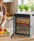 Electric Food Dehydrator A Total Kitchen Game Changer Featuring 12 Drip Free Snap Trays And A Robust 1000W Dual Fan Heater With 24 Hour Timer For Perfect Jerky Dried Fruit And Herb Preservation with sliced fruits.