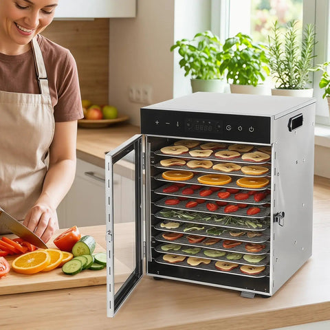 Electric Food Dehydrator A Total Kitchen Game Changer Featuring 12 Drip Free Snap Trays And A Robust 1000W Dual Fan Heater With 24 Hour Timer For Perfect Jerky Dried Fruit And Herb Preservation with sliced fruits.