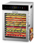 Top Shelf Heavy Duty Food Dehydrator With 12 Sleek Stainless Steel Trays And A Killer 1000W Dual Fan Setup, fruit slices drying.