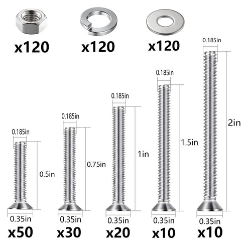 Pro Grade All Star 304 Stainless Steel Size 10 Flat Head Phillips Screw Assortment Kit With Hex Nuts And Washers, assorted sizes.