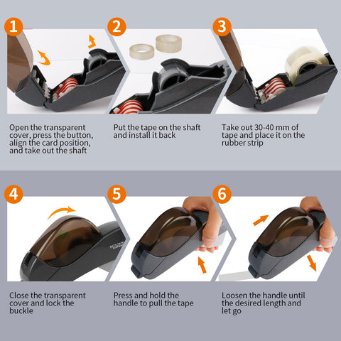 Dead Simple One Handed Automatic Tape Dispenser With Concealed Safety Cutter And Smooth Portable Grip For Quick Office Or Home Packing Tasks Includes Two Bonus Gray Rolls, shown in assembly steps.