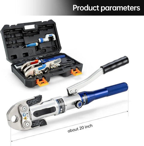 Workhorse Copper Pipe Crimping Tool For Narrow Spaces One Half Inch To One And A Quarter Inch Jaws Hydraulic Press Crimpers Portable Pliers Rotatable Head Up To Three Hundred Fifty Degrees Aluminum Alloy Body Built For Tight Spaces in case, about 20 inch