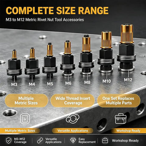 Rivet Nut Tool Set M3 Through M12 Mandrels Carbon Steel Construction Black Finish Heavy Duty Rivet Nut Kit For Auto Motorcycle And Workshop Repairs Reusable Mandrels Two Set, M3-M12 mandrels on steel surface