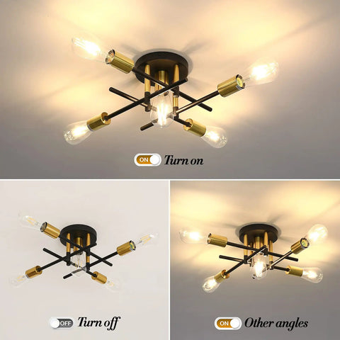 Five Light Dope Farmhouse Semi Flush Mount Ceiling Light Fixture With E26 Base Modern Matte Black And Gold Sputnik Chandelier illuminated