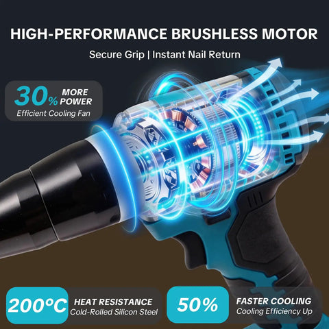 Close-up of Beast 21V Brushless Cordless Rivet Gun Kit motor with cooling fan, highlighting efficiency and power.