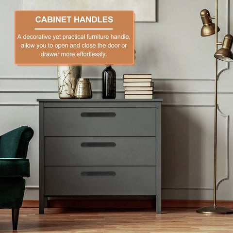 Black Arc Brushed Kitchen Cabinet Handles 2 Pack, 96mm Drawer Pulls on modern gray dresser in stylish living room setting.