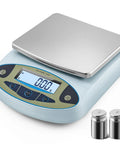 High Precision Digital Lab Scale Beefy 6000g Capacity With 0.01g Readout For Laboratory And Jewelry Weighing Scientific Analytical Balance Calibration Weight Included Accurate And Reliable For Home And Pro Use, grey-silver scale with LCD display and weights on white background