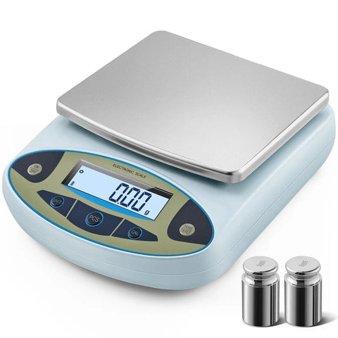 High Precision Digital Lab Scale Beefy 6000g Capacity With 0.01g Readout For Laboratory And Jewelry Weighing Scientific Analytical Balance Calibration Weight Included Accurate And Reliable For Home And Pro Use, grey-silver scale with LCD display and weights on white background