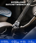 Six Piece Metric Ratcheting Wrench Set With Flex Heads 8 To 19 mm Extra Long 72 Tooth Gear shown in automotive use