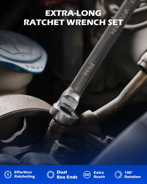Six Piece Metric Ratcheting Wrench Set With Flex Heads 8 To 19 mm Extra Long 72 Tooth Gear shown in automotive use