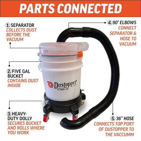 Premium Cyclone Dust Collector Kit With Reinforced Five Gallon Bucket And Rock Solid Rolling Dolly For Shop Vacs showing connected parts.