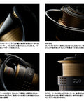 Close-up details of Exist 2003C Spinning Reel showing design elements like air rotor, air bail, and spool with waterproof build