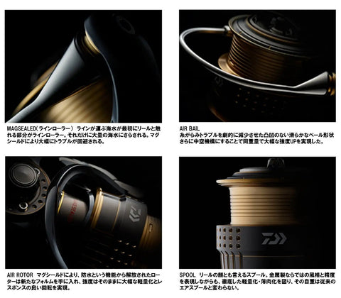 Close-up details of Exist 2003C Spinning Reel showing design elements like air rotor, air bail, and spool with waterproof build
