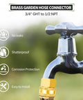 Brass garden hose connector 3/4" GHT to 1/2" NPT attached to outdoor faucet, shatterproof and corrosion protection features visible.