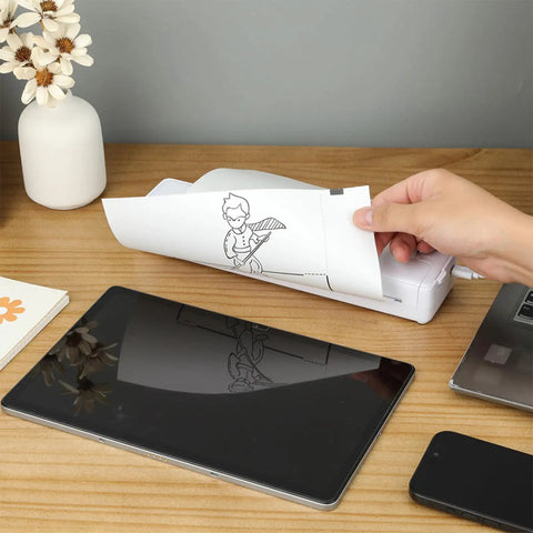 Slick Wireless Tattoo Transfer Stencil Printer For A4 Paper Mini Thermal Stencil in use, transferring design on paper.
