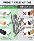 Diagram showing 4 in 1 PVC Pipe Threader Kit for plastic use only with images of threaders and types of pipes not to use.