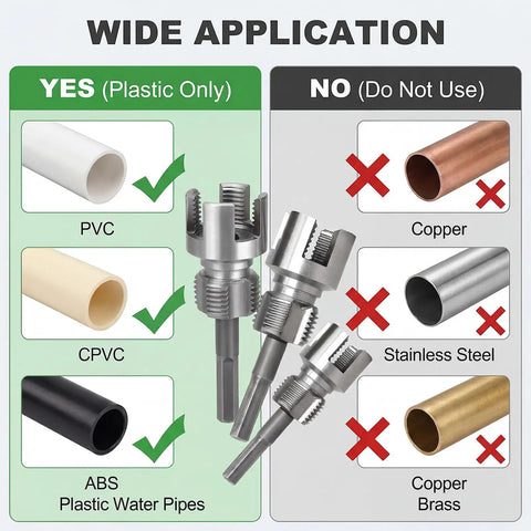 Diagram showing 4 in 1 PVC Pipe Threader Kit for plastic use only with images of threaders and types of pipes not to use.