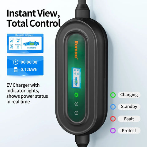 Level 2 EV Charger 40A 9.6kW Fast Charging With Adjustable Amperage And Bright LED Display showing charging status and indicator lights.