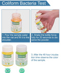 Demonstration of 4 Pack Coliform E Coli Water Test Kit, showing steps to test water, vials with instructions and colors.