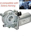 RV Electric Awning Replacement Motor 12V For Carefree Eclipse Power Awnings R001326 R001104 Black White Durable No Hassle Install Quick Retract 75 RPM With One Year Warranty on display showing the metal casing and gear components.