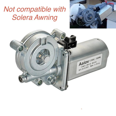 RV Electric Awning Replacement Motor 12V For Carefree Eclipse Power Awnings R001326 R001104 Black White Durable No Hassle Install Quick Retract 75 RPM With One Year Warranty on display showing the metal casing and gear components.
