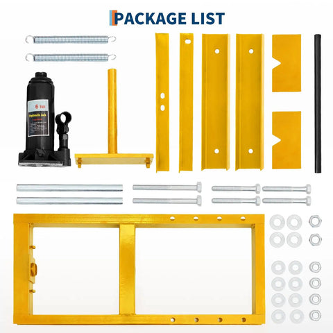 Heavy Duty 6 Ton Hydraulic Shop Press H Frame Floor Press With Adjustable Worktable Carbon Steel Garage Press parts and tools laid out.