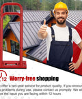 Hand Seamer For Standing Seam Roofing 1.5 Inch Vertical Seams Portable Manual Seaming Tool alongside a smiling construction worker in front of metal panels and roofing