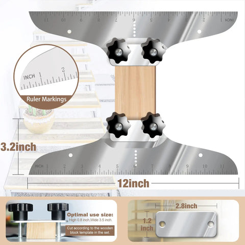 Stair Tread Template Tool With Level And Tape Measure Adjustable Tread Jig Set With Carpenter Pencil For Risers And Partitions Built Tough Reusable Iron For Precise Measurements And Quick Pro Grade Results showcasing ruler markings and measurements.