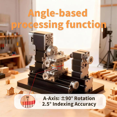 4 Axis Mini Metal Lathe 60W High Speed Machine For Precision Machining Soft Metals Wood Acrylic And Plastic showing angle-based processing feature.