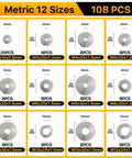 Flat washers assortment kit, 108 pcs in 12 metric sizes (M3–M12), 304 stainless steel fender washers for screws and bolts, Amazon
