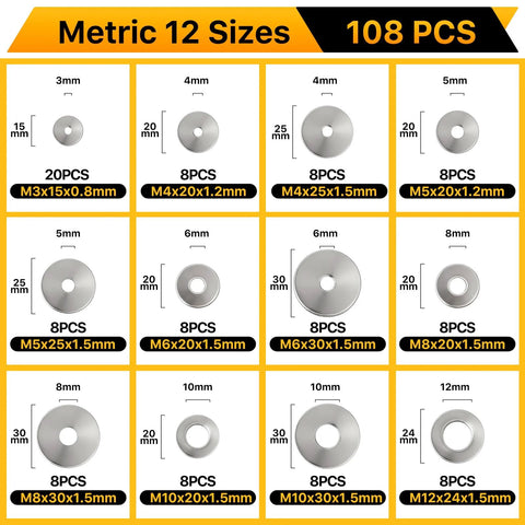 Flat washers assortment kit, 108 pcs in 12 metric sizes (M3–M12), 304 stainless steel fender washers for screws and bolts, Amazon