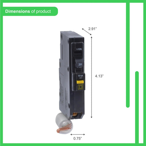 QO120GFICP QO QwikGard 20 Amp Single Pole GFCI Circuit Breaker With Red VisiTrip dimensions with wire loop visible.