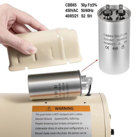 Hand holding capacitor cover for Energy Efficient 1 HP Pool Pump Motor Replacement For WhisperFlo WFE 4 WFE 26 And SuperFlo Pumps