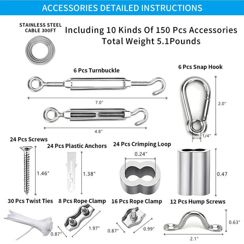 Outdoor String Light Suspension Kit With Vinyl Coated Stainless Steel Cable, 300 Feet Transparent PVC Wire, 304 Stainless Steel Wire Rope, Turnbuckles And Hooks For Easy Hanging, Weatherproof And Durable