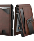 Slim RFID Blocking Leather Tactical Wallet For Men With Pop Up Card Case And Front Pocket Money Clip, ID Window, Brown