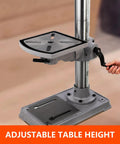 Heavy Duty 13 Inch Floor Standing Drill Press With Powerful 7.5 Amp Motor And Variable Speed Control Up To Three Hundred Eight RPMs featuring adjustable height cast iron worktable.