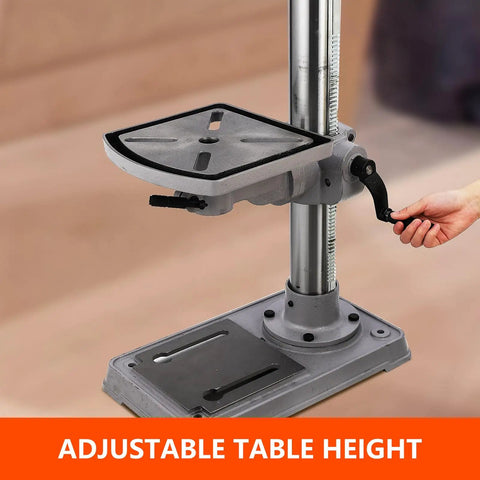 Heavy Duty 13 Inch Floor Standing Drill Press With Powerful 7.5 Amp Motor And Variable Speed Control Up To Three Hundred Eight RPMs featuring adjustable height cast iron worktable.