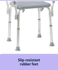 Heavy Duty Bath Bench With Padded Armrests For Safe Showers, non-slip rubber feet detail, adjustable height legs
