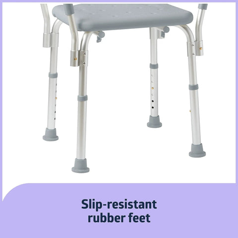 Heavy Duty Bath Bench With Padded Armrests For Safe Showers, non-slip rubber feet detail, adjustable height legs