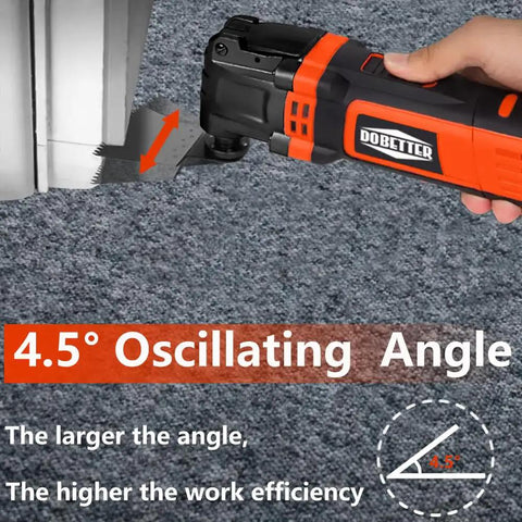 Go-To Do It All Oscillating Multi Tool With 3.5 Amp Motor cutting at 4.5° oscillation angle on carpet.