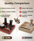 Quality comparison of Top Shelf Espresso Setup 51mm Spring Loaded Tamper Set and basic pine wood kit for espresso brewing.