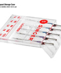 Leather Sewing Machine Needles Set of 5 Pack for Thick Leather and Heavy Fabrics 3 x 90/14 and 2 x 100/16 with Wedge Shape Point Penetrates Leather Suede Vinyl Without Tearing, compact storage case