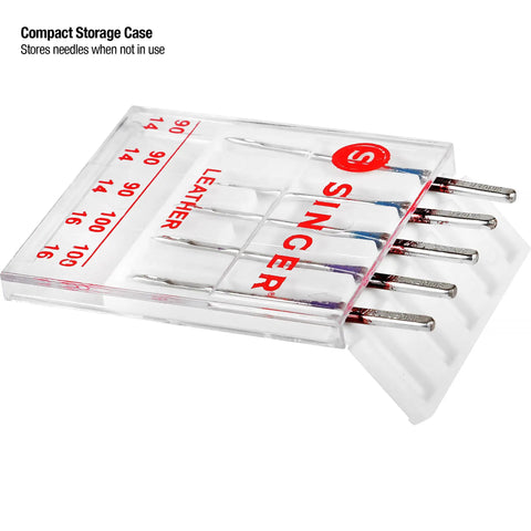 Leather Sewing Machine Needles Set of 5 Pack for Thick Leather and Heavy Fabrics 3 x 90/14 and 2 x 100/16 with Wedge Shape Point Penetrates Leather Suede Vinyl Without Tearing, compact storage case