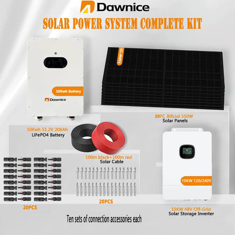 Heavy Duty Off Grid Solar Power System Complete Kit With Twenty 550W Bifacial Panels 10kW Inverter and 10Kwh Battery components layout.