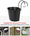 Three Pack 10.5 Inch Hanging Flower Pots For Railings And Fences, Metal Wall Planters With Drainage Holes And Easy Hang Hooks, Black.