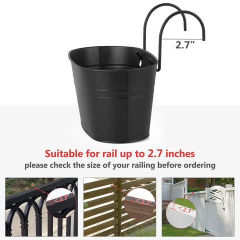 Three Pack 10.5 Inch Hanging Flower Pots For Railings And Fences, Metal Wall Planters With Drainage Holes And Easy Hang Hooks, Black.