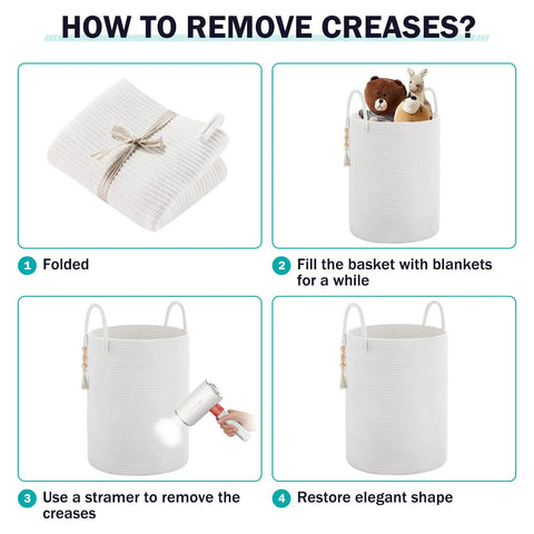 Steps to remove creases from Cotton Rope Laundry Hamper Basket 58L Tall Woven Collapsible Organizer For Blankets Clothes Toys