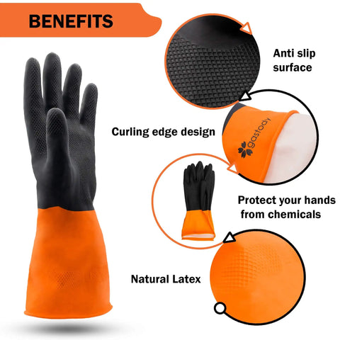 Heavy Duty Chemical Gloves Set Of 2 Pairs With Waterproof Latex Anti Slip Grip, showing orange cuff and black textured palm.